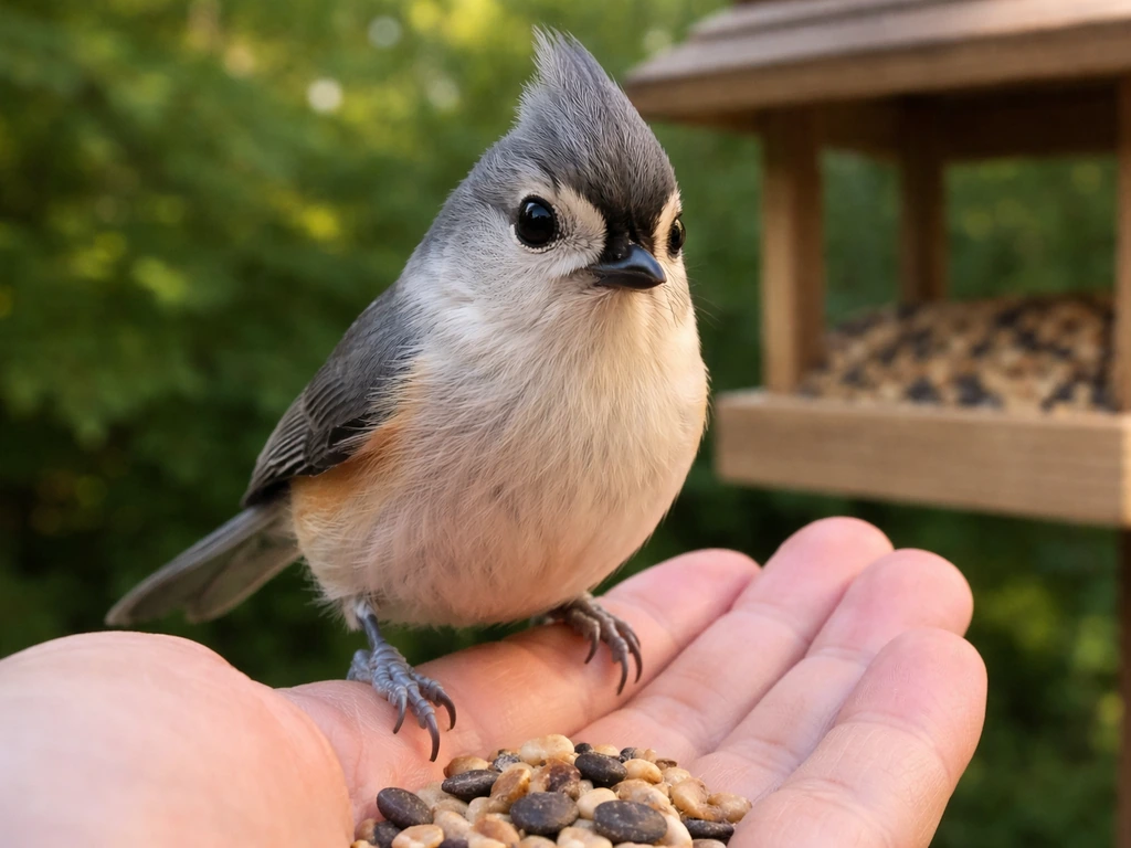 A tufted titmouse perched very close on a person’s hand beside a bird feeder.