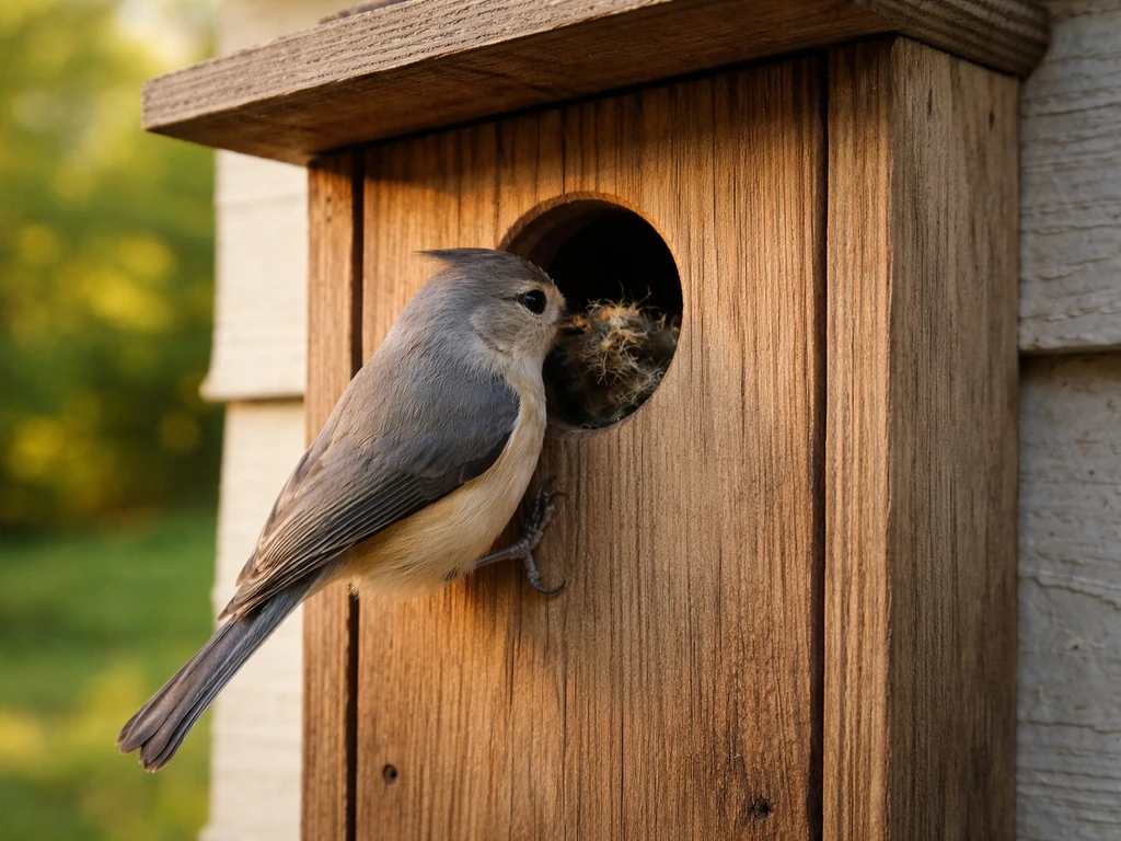 A titmouse perched at a wooden nest box entrance on a home exterior.