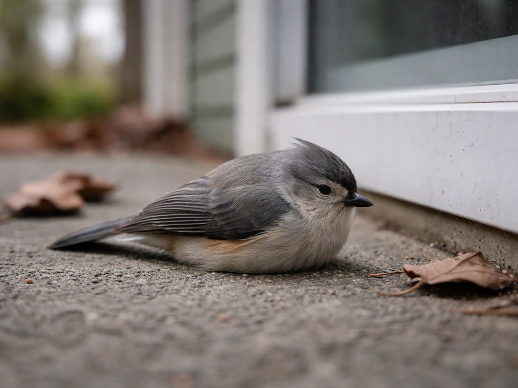 A titmouse lies on the ground near a window, looking sick or injured after a collision.