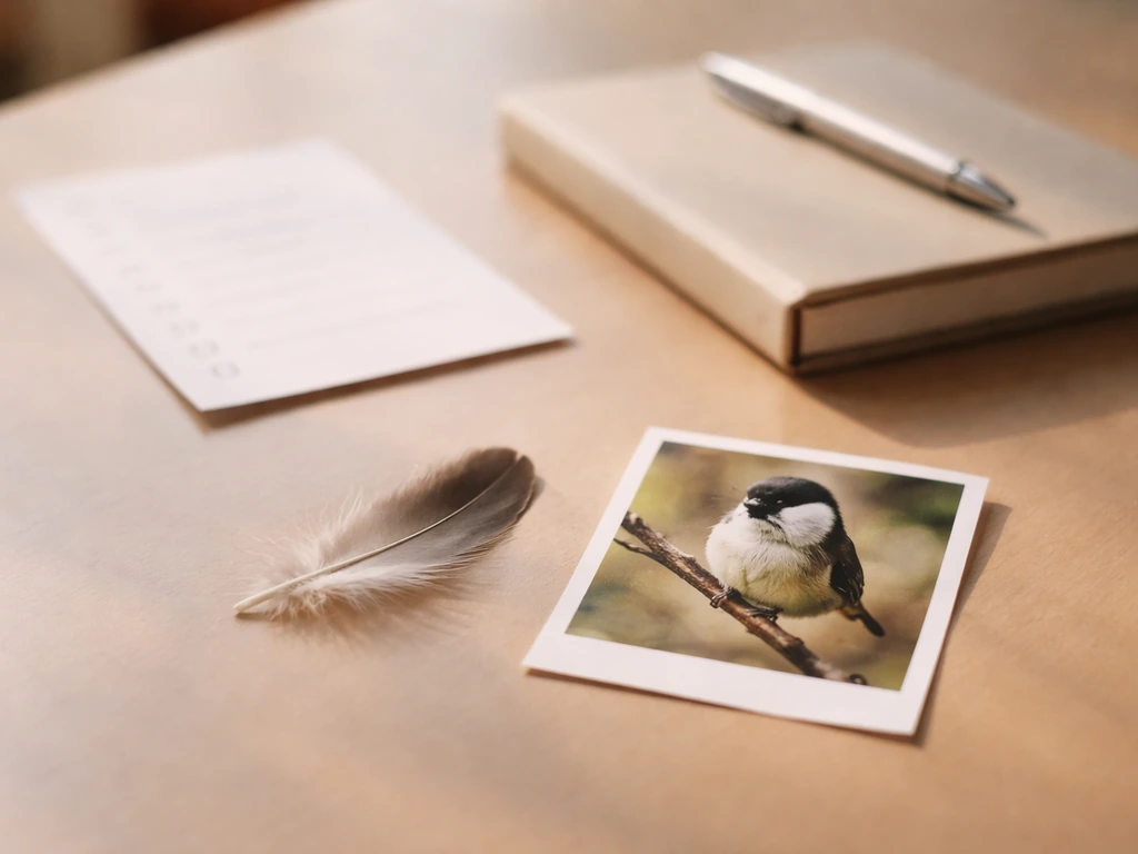 Notebook and pen beside a checklist page, with a small feather and bird photo as a calm writing prompt