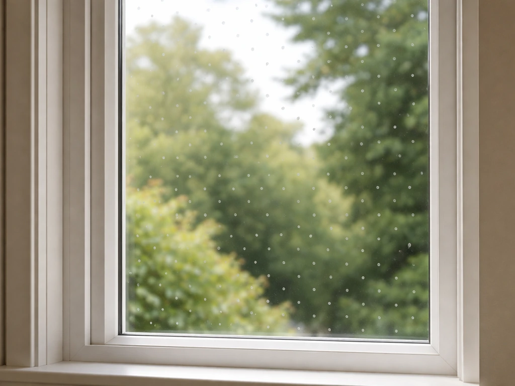 Close-up of a home window with visible bird-safe tape/decals to prevent birds hitting the glass.