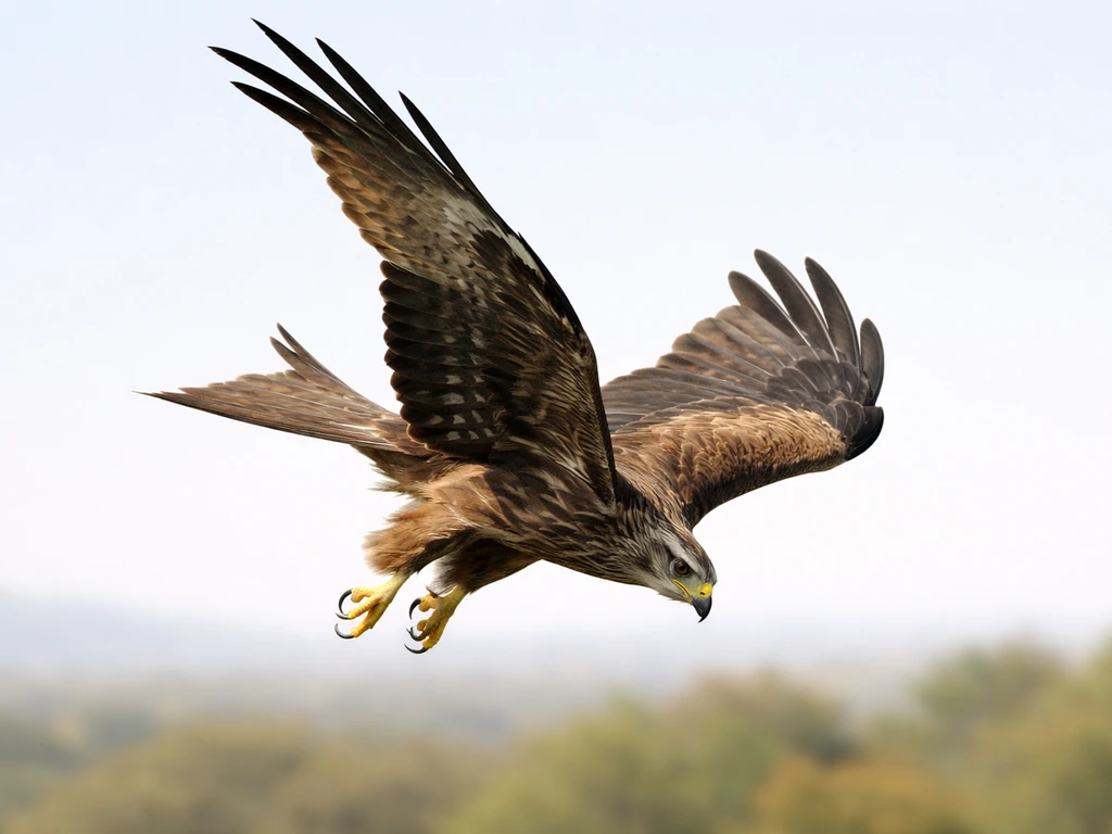 Black kite bird mid-swoop with wings angled down, descending toward the ground in open sky.