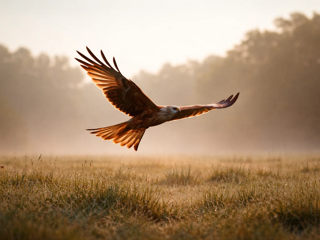 Red kite lifting from a field at sunrise, riding warm rising air into open sky