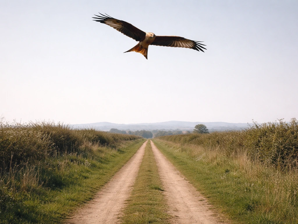 A red kite gliding above a quiet path in a rural field, conveying guidance and protection.