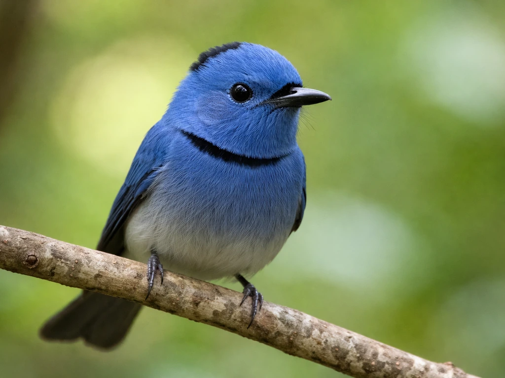 Close-up of a black-naped monarch on a branch, showing vivid blue body and black nape.