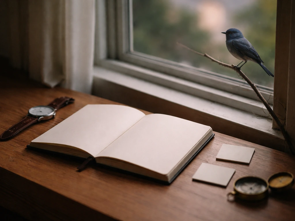 A quiet desk with an open notebook, two sticky notes, and a watch/compass as a black-naped monarch appears nearby.