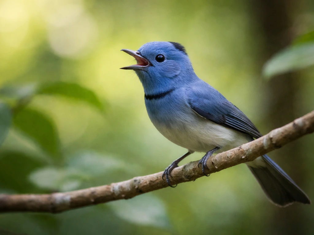 A black-naped monarch bird calling from a natural branch, mouth slightly open, mid-action in soft light.