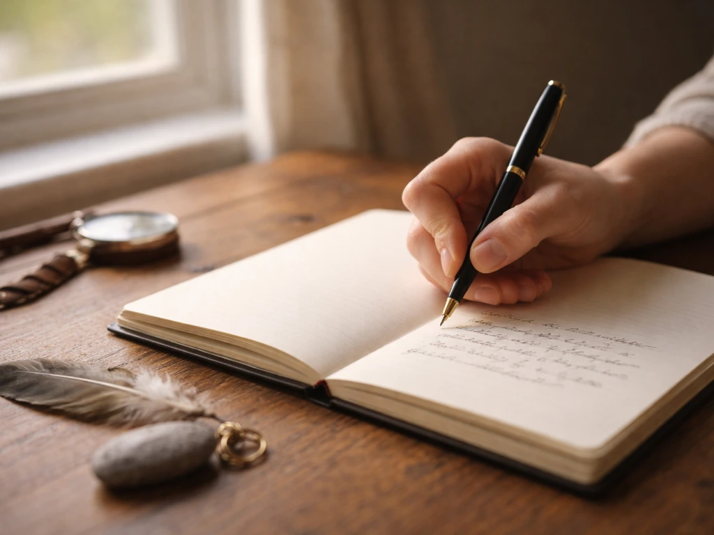 Hand writing in a notebook beside a small bird feather near a window, journaling a bird encounter