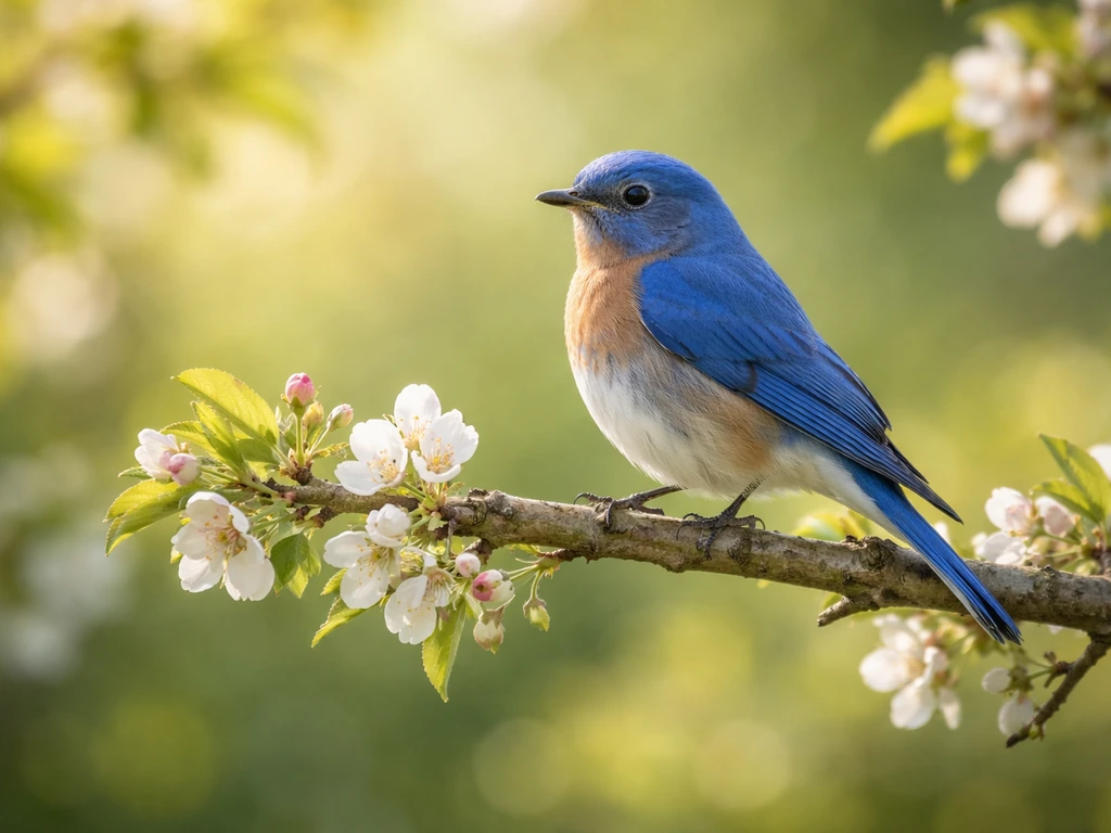 Blue robin perched on a blossoming branch in soft spring light, vivid blue tones and calm renewal mood.