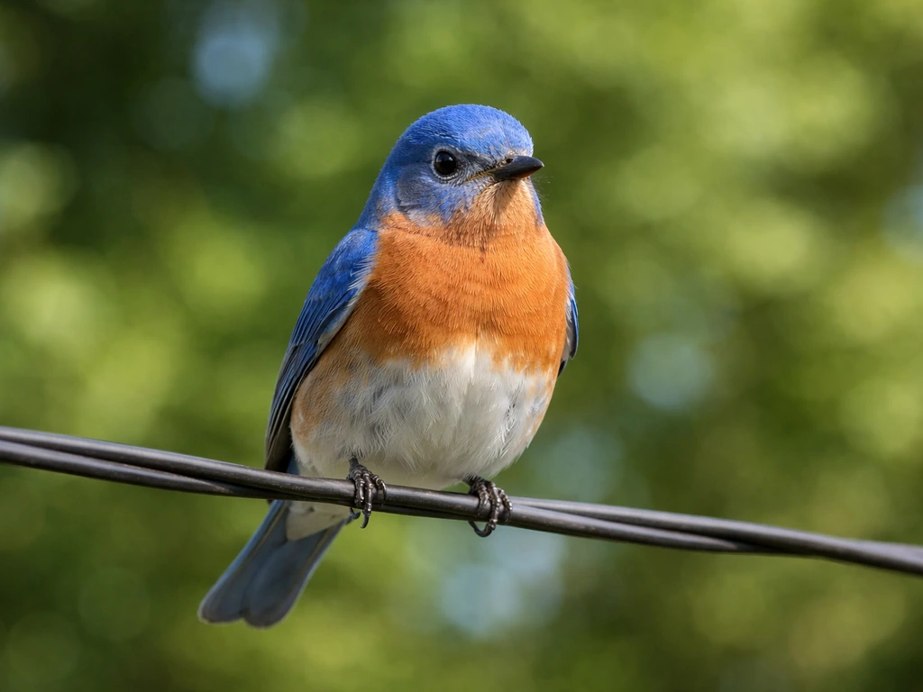 Bluebird-like blue “robin” perched on a wire with a blurred green tree background.