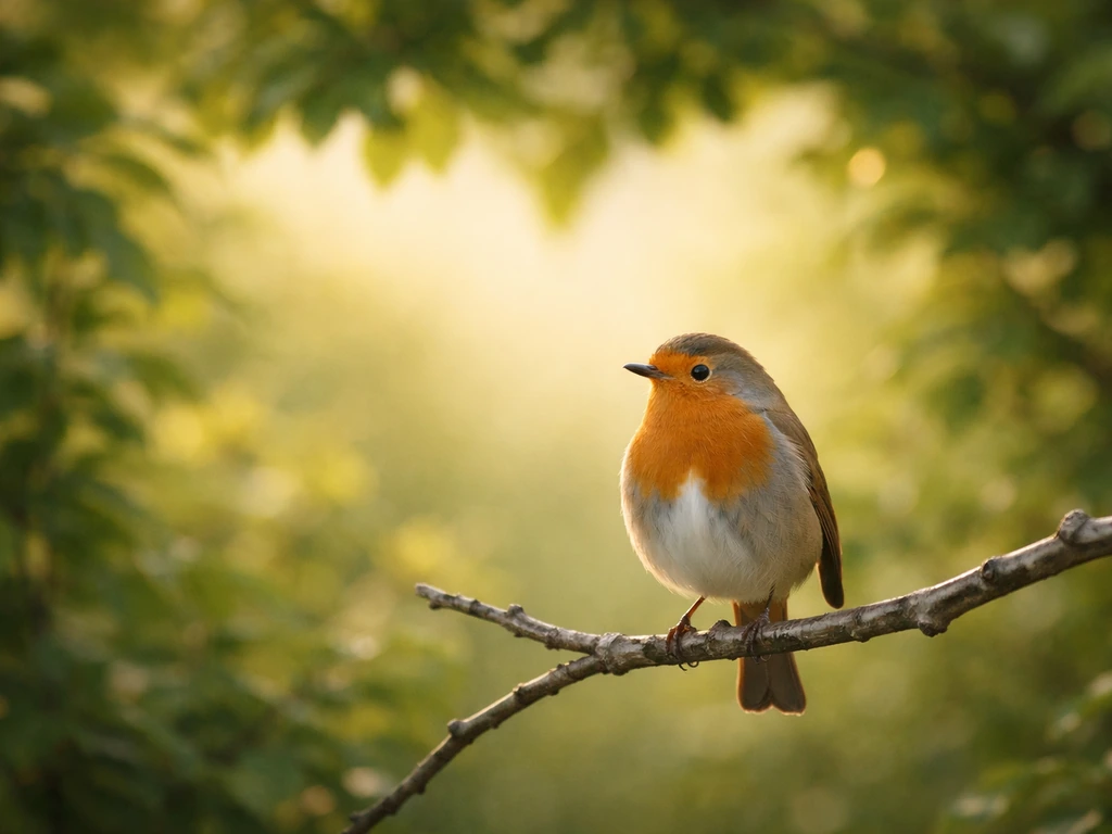A robin perched on a branch with soft green background forming a subtle heart-like shape.