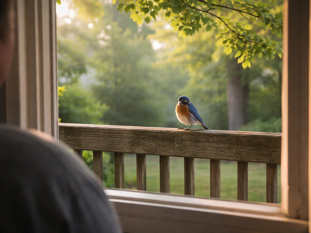 Blue robin perched on a yard fence near an open window with soft morning light