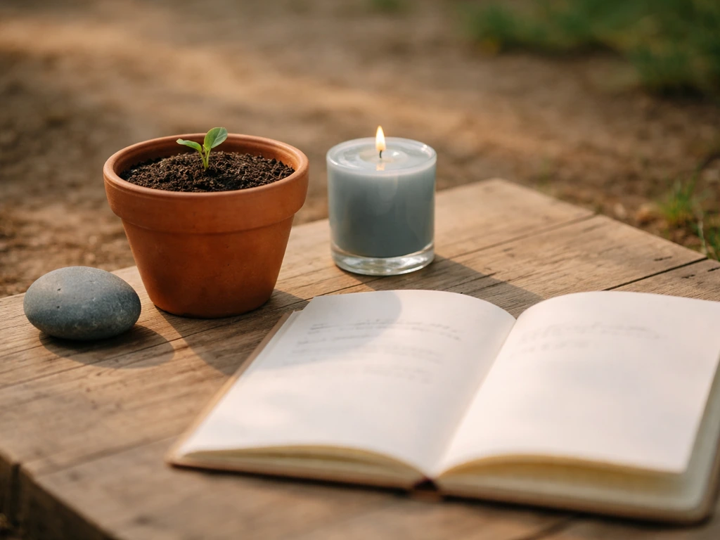 Blue candle beside planted seedling and open journal notes in a small garden pot ritual setup