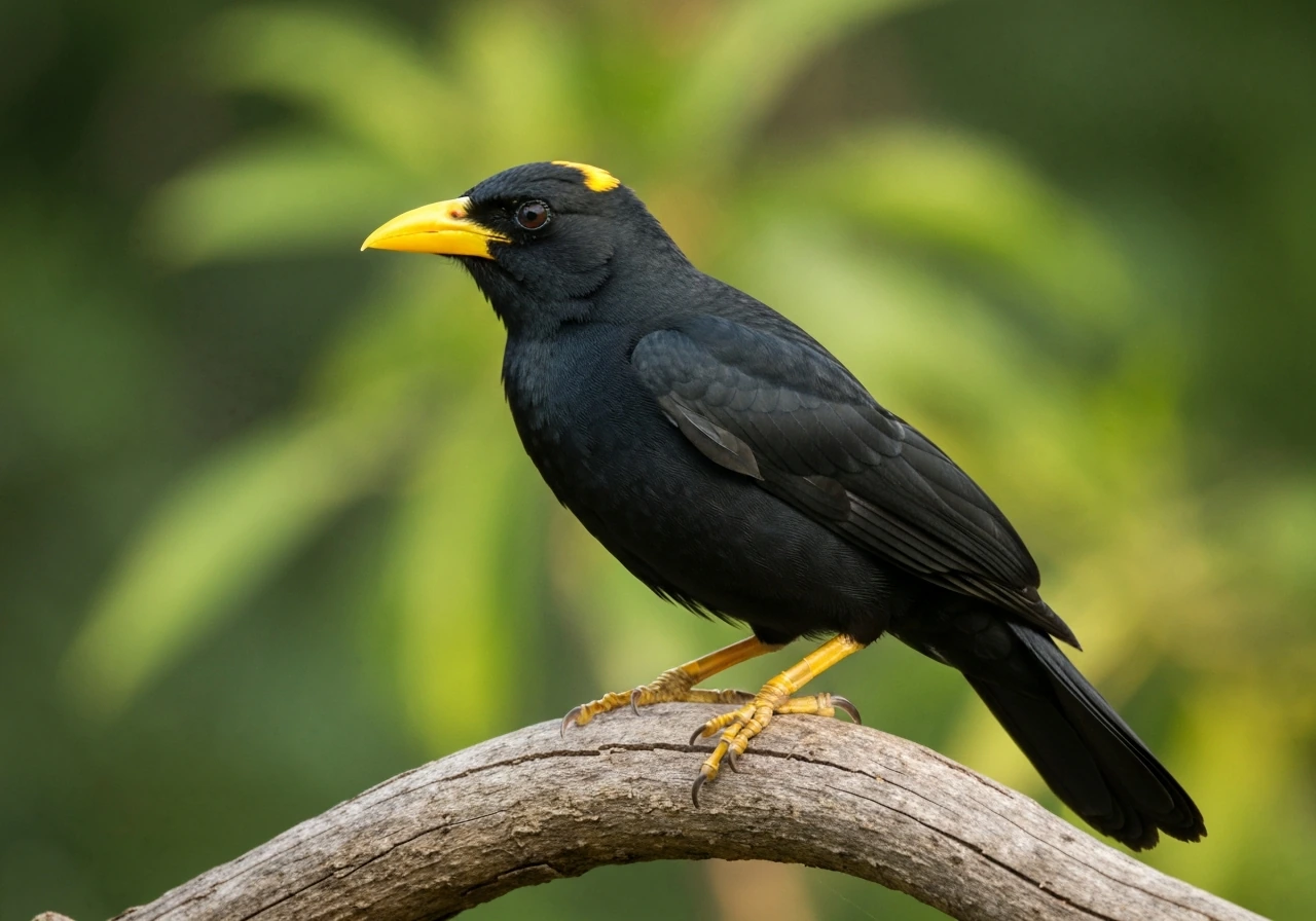 A vivid black bird with a bright yellow beak perched on a branch in natural light