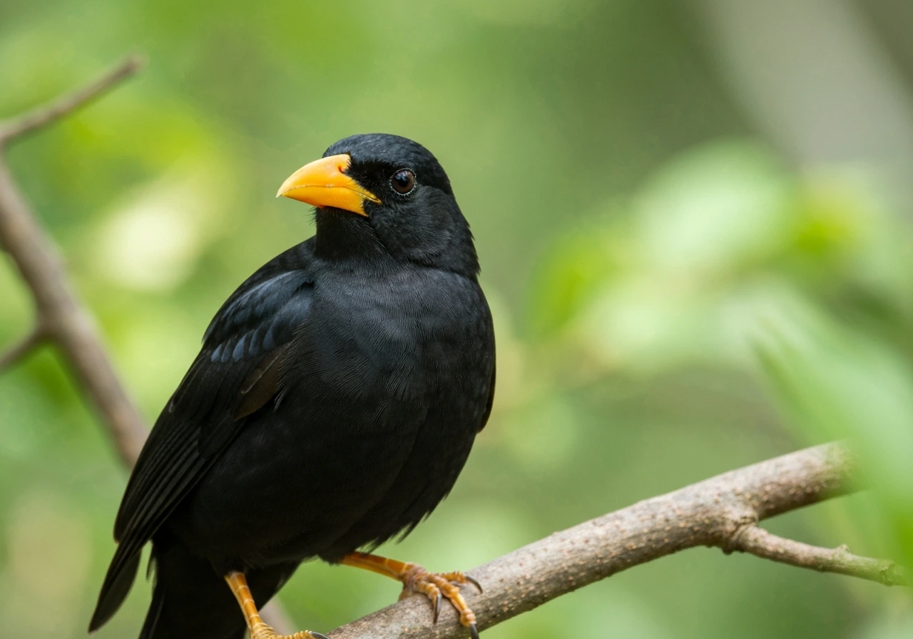 Close-up of a black bird with a vivid yellow-orange beak perched against a softly blurred natural background.