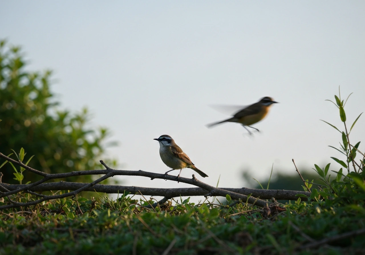 A bird perched on a branch while another bird flies past, both in the same minimal outdoor scene.