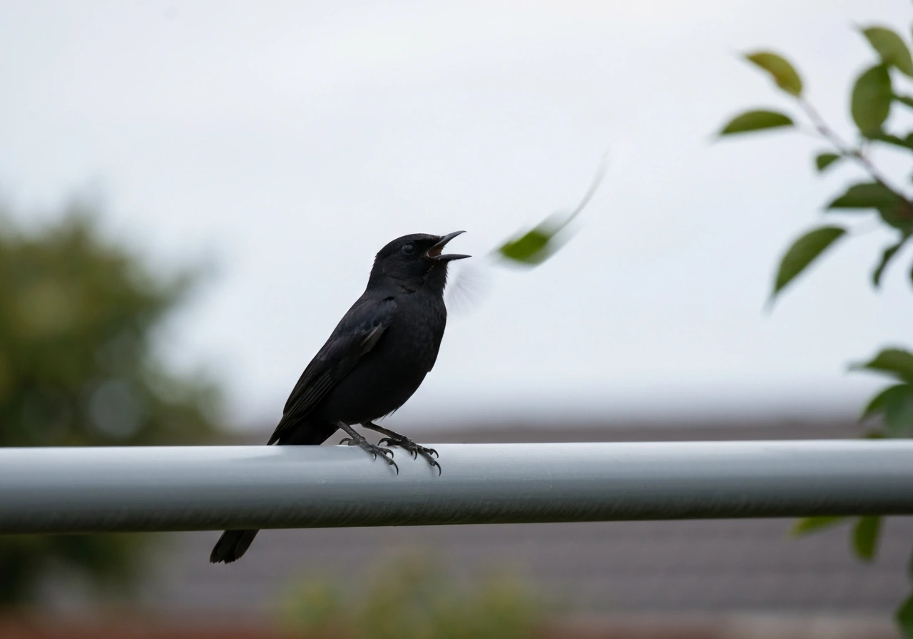 Black bird perched on a railing, mid-distance, with motion blur suggesting it’s calling loudly.