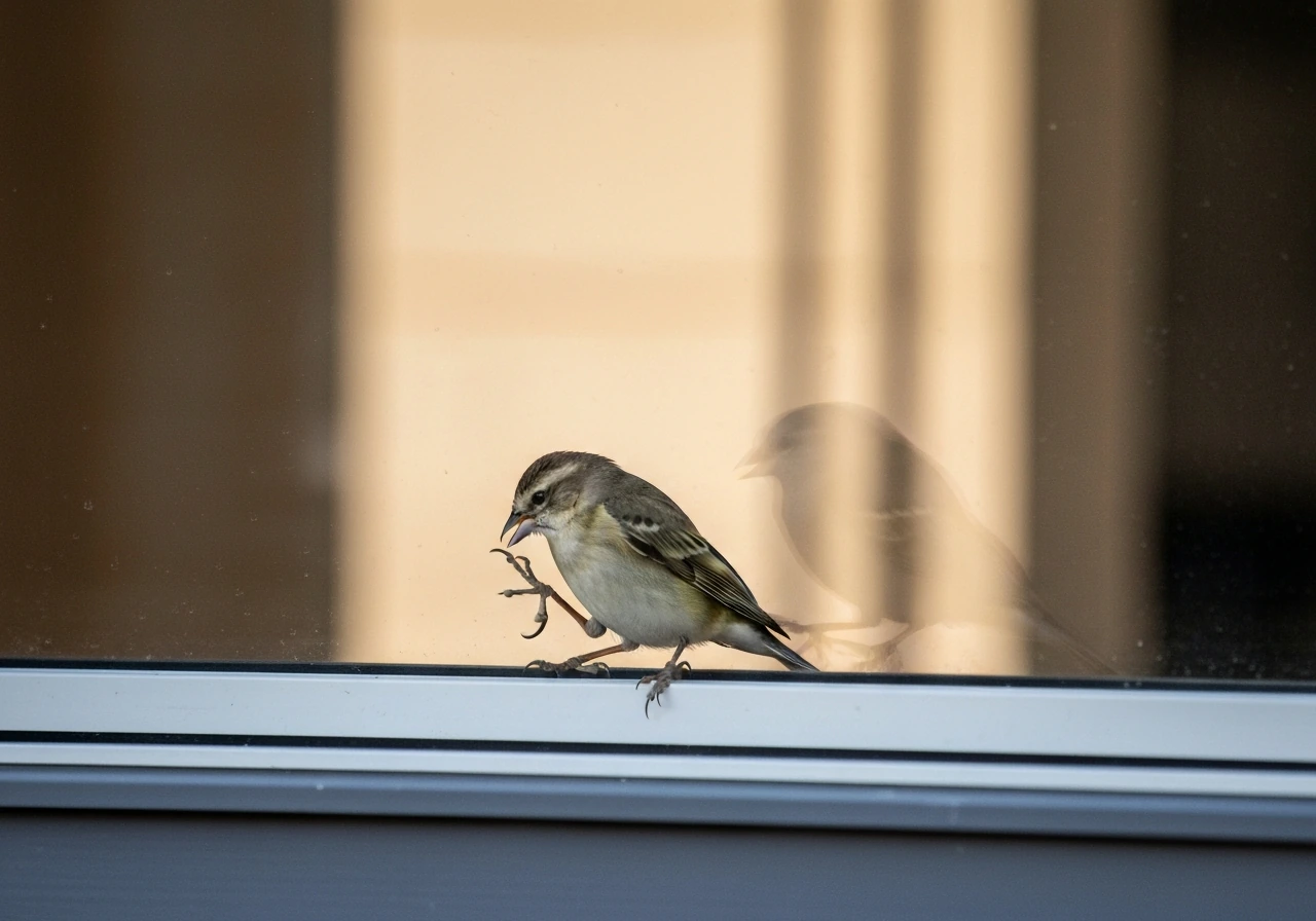 Small bird pecking a window pane, with warm blurred room interior behind the glass.