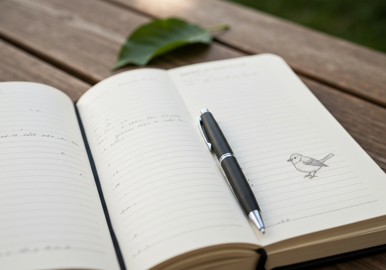 Close-up of an open notebook with a pen and a small bird sketch, written details softly visible.