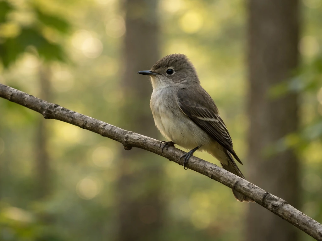 A small wood-pewee perched on a branch in softly lit woodland with blurred leaves behind.