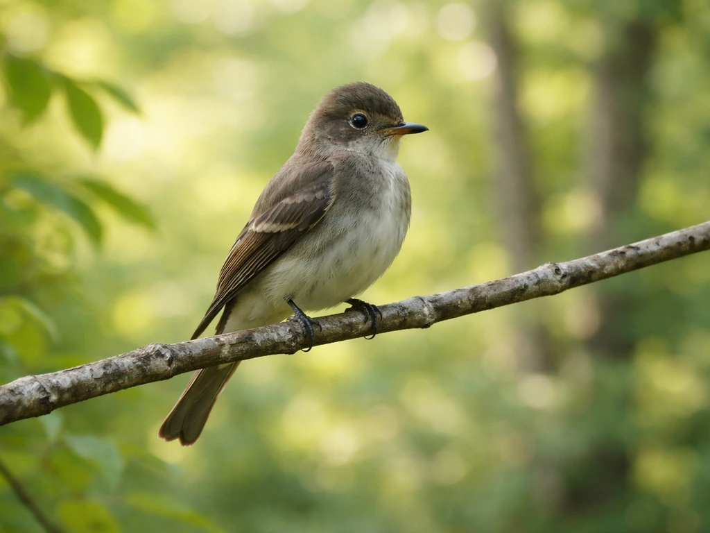 Small wood-pewee perched on a branch in a quiet forest, showing natural bird-feeding behavior.