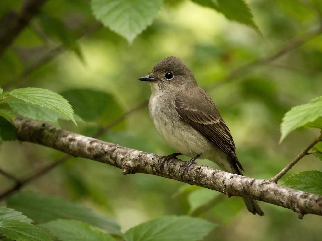 Small wood-pewee perched on a branch amid green leaves, olive-brown feathers visible.