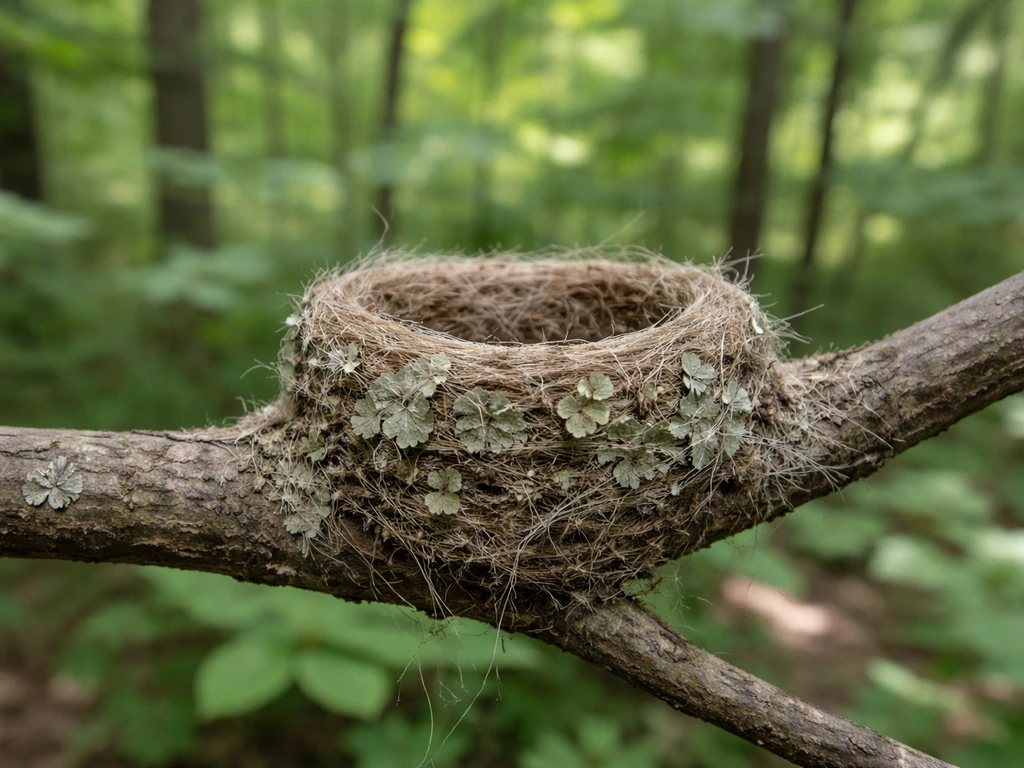 Elegant open-cup bird nest on a horizontal branch, camouflaged with lichens and fine fibers.