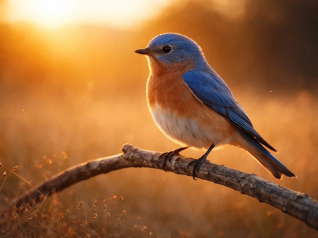 A small bluebird perched in soft warm light, with subtle hints of seeds and a gentle field background.