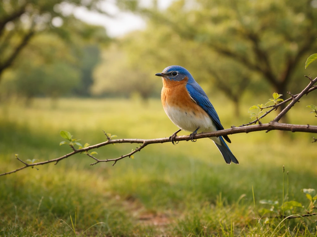 A small bluebird perched on a low branch in a sunlit orchard meadow with short grass below.