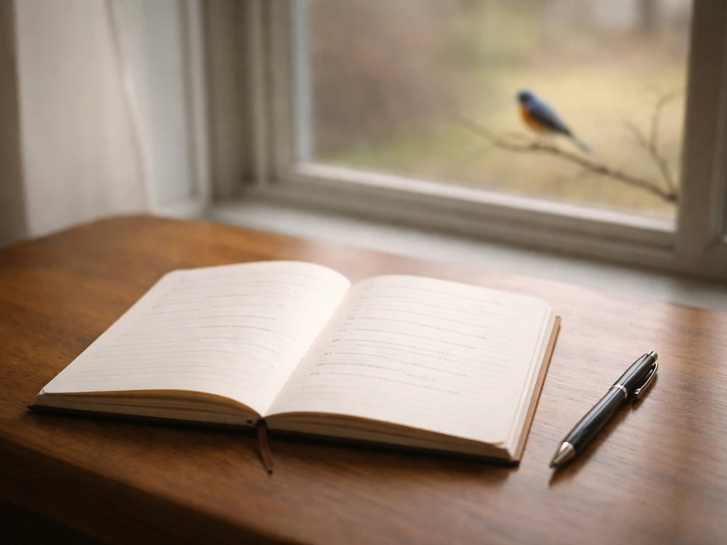 Open journal with a pen by a window where a bluebird perches outside, suggesting immediate reflection.
