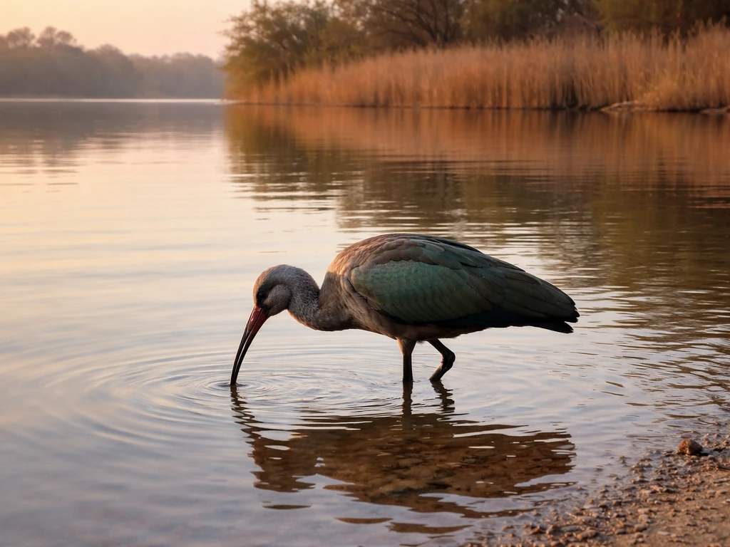Hadada ibis wading at the water’s edge with gentle ripples at sunrise.