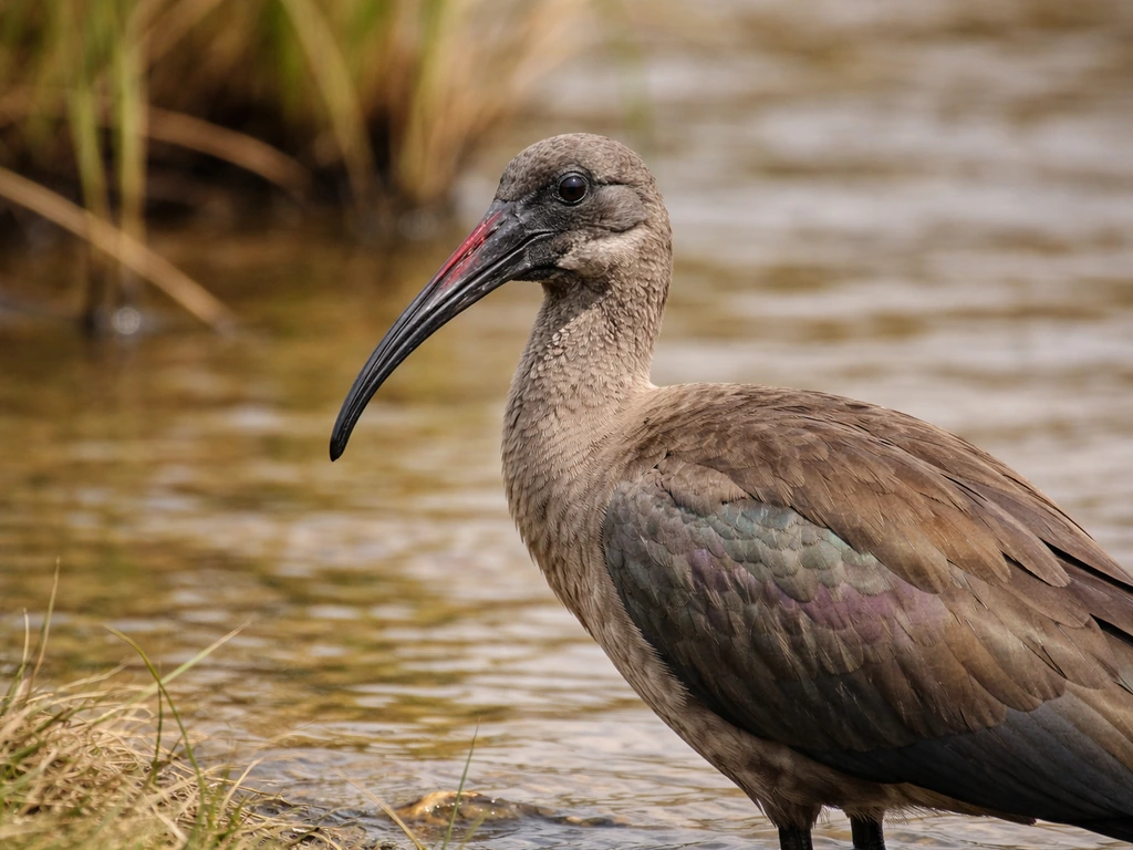 Close-up of a hadada ibis standing in shallow water with blurred reeds in the background.