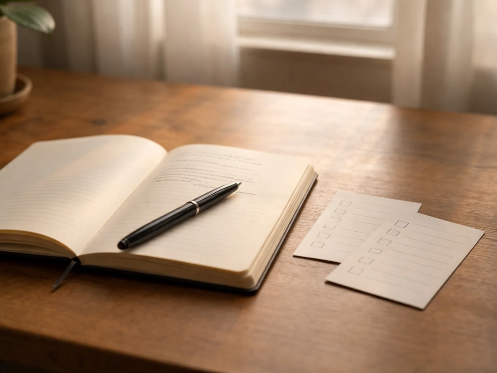 Open journal with pen on a quiet desk, small checklist cards nearby in soft early-morning light.