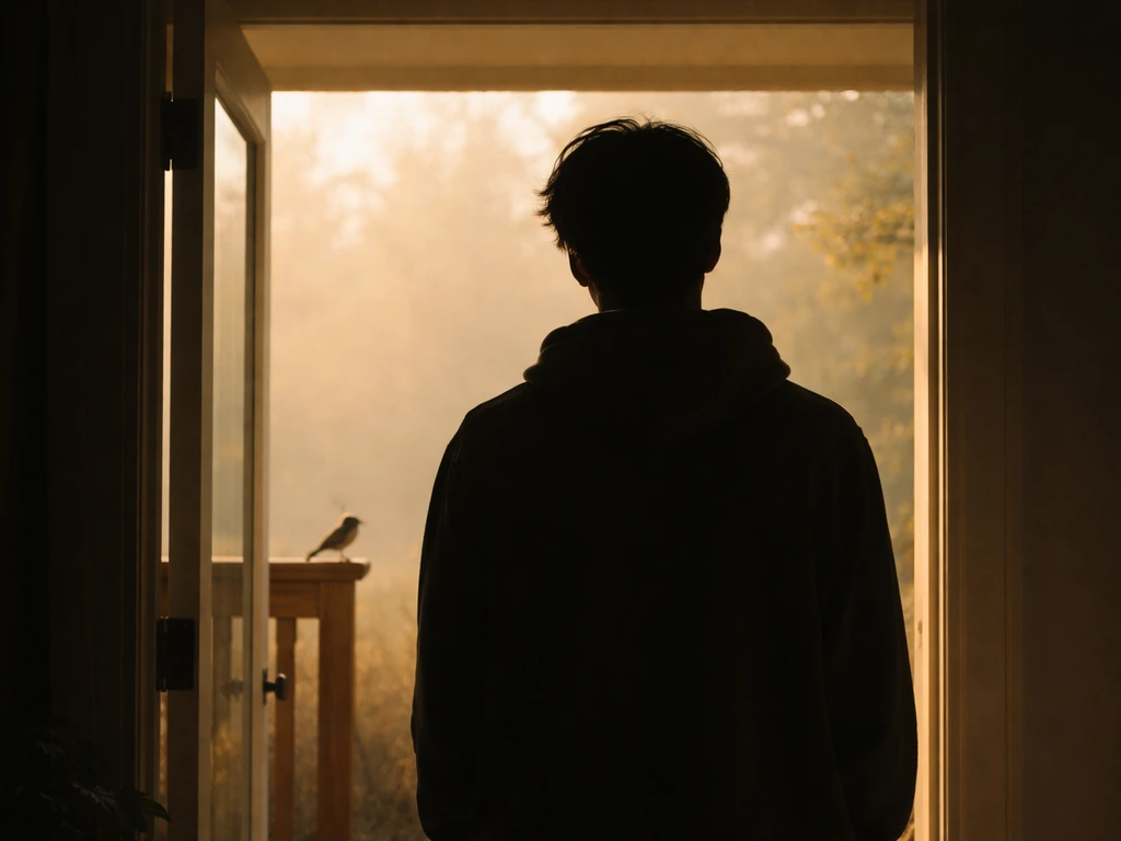 Silhouette of a person stepping outside toward a window where a small bird taps on the frame.