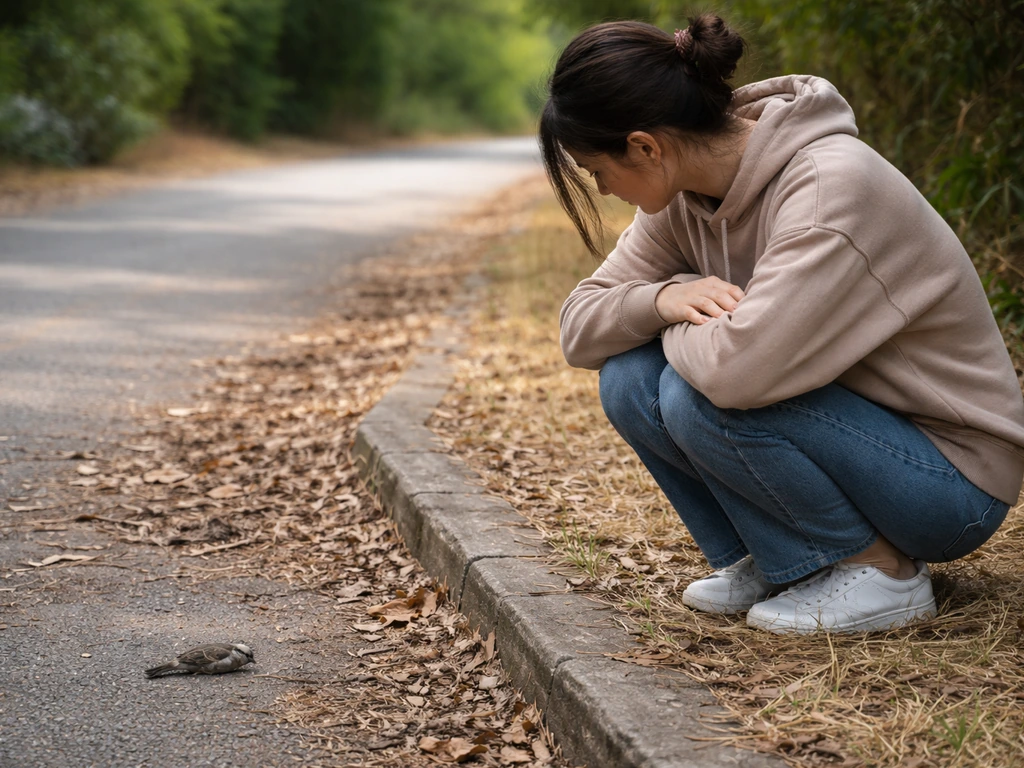 A person crouches near a small dead bird on the ground beside greenery, shown respectfully and non-graphically.