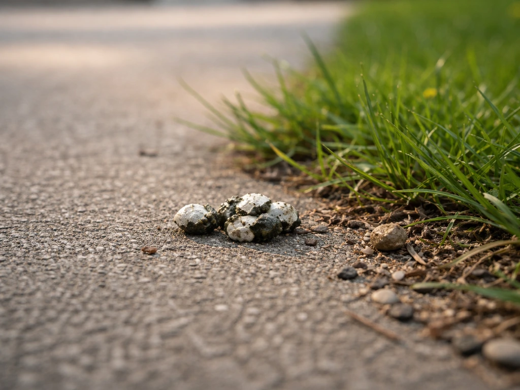 Ground-level closeup of small bird droppings on a grass edge beside a walkway in natural light.