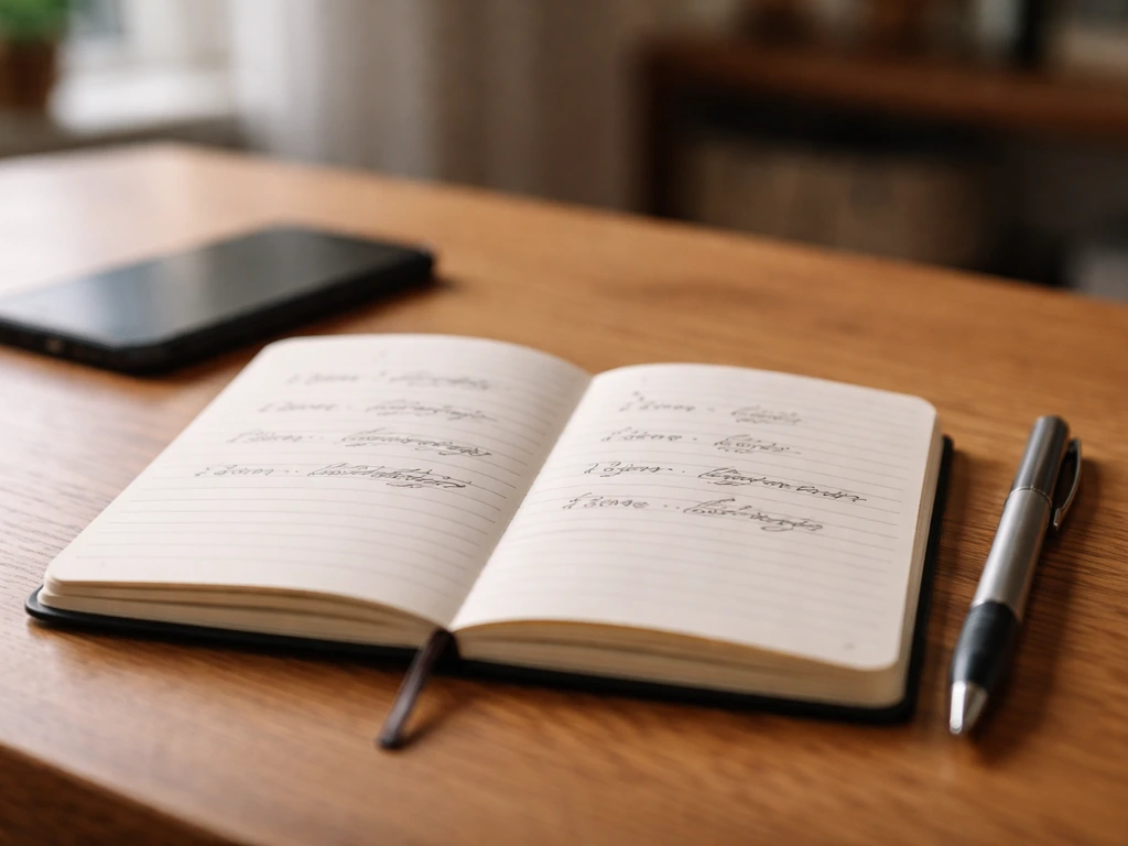 Close-up of a small notebook page with handwritten notes about times and feelings, on a desk by a window.