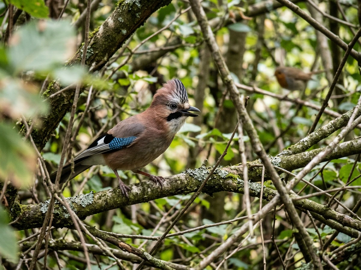 Eurasian jay showing alert, territorial behavior in the woods.