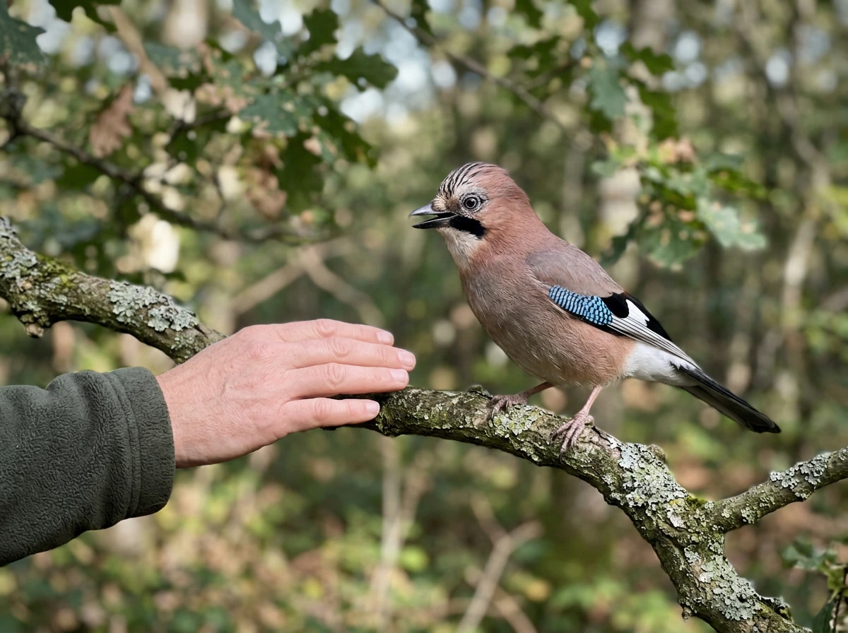 Eurasian jay landing unusually close to a person in the woods.