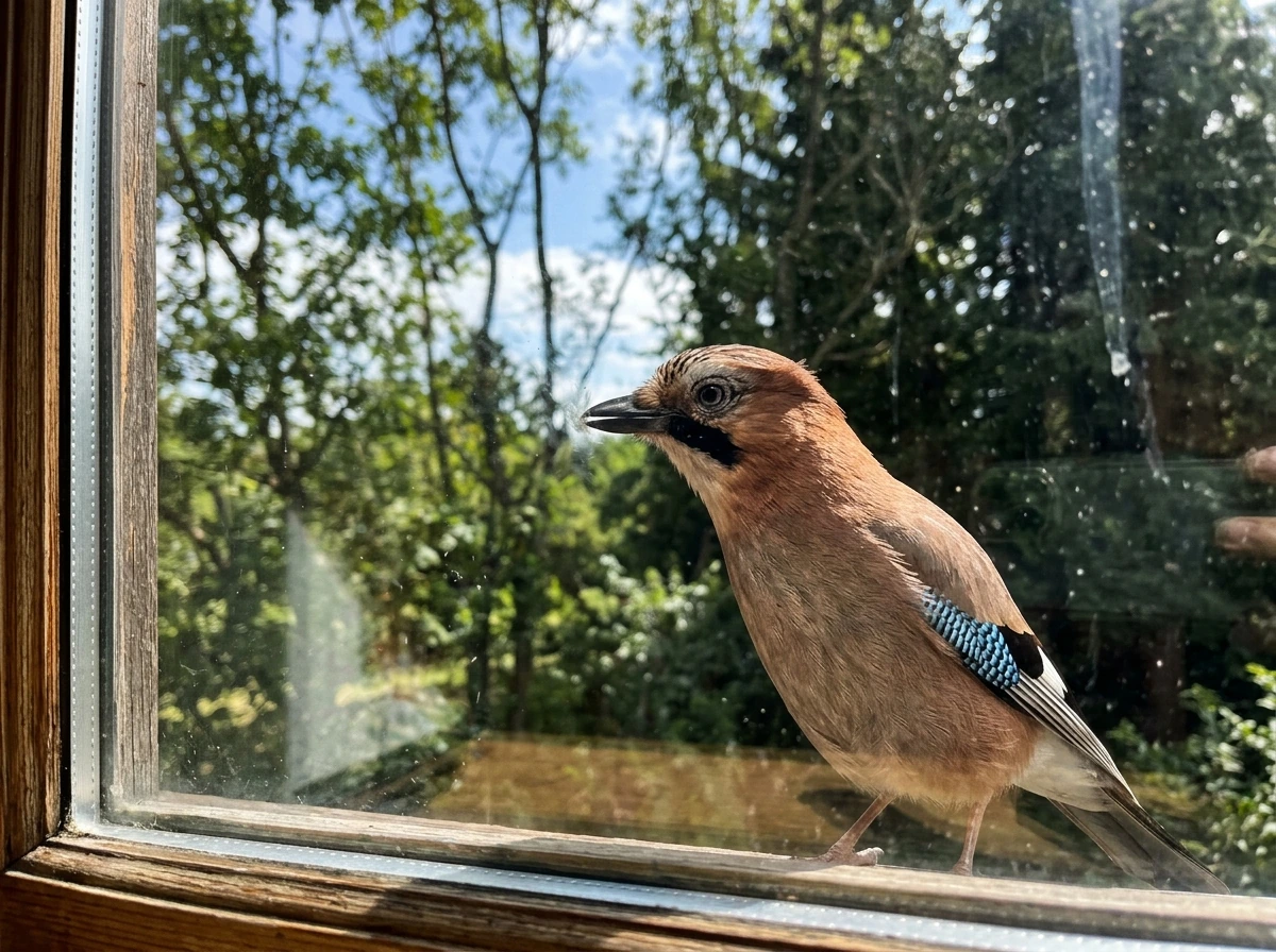 Eurasian jay striking or tapping a window with sky reflection behind the glass.