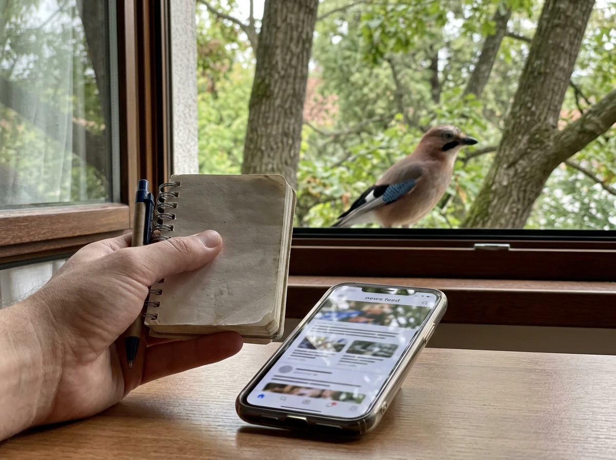 Notebook and phone with a jay in the background, suggesting truth over misinformation.