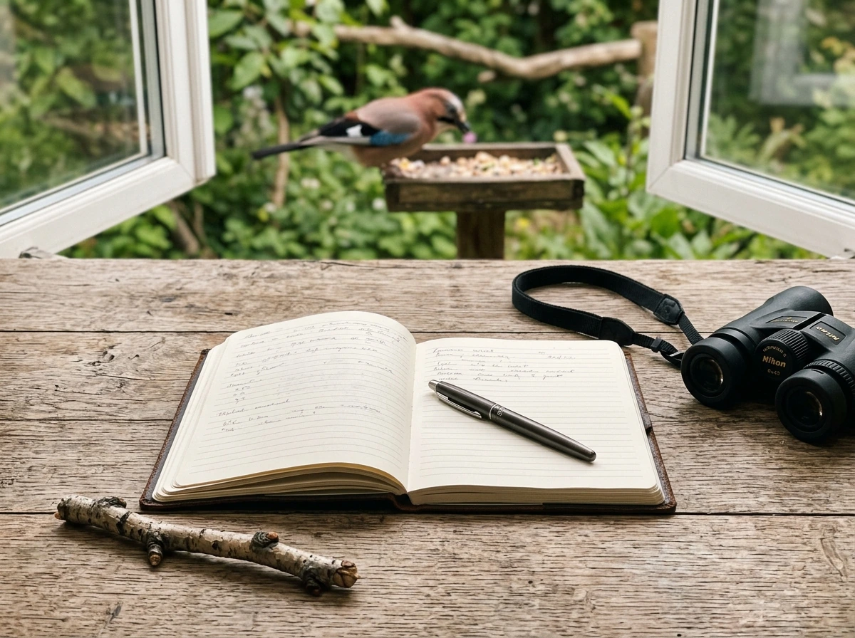 Open journal and pen with a jay outside the window, prompting reflection.