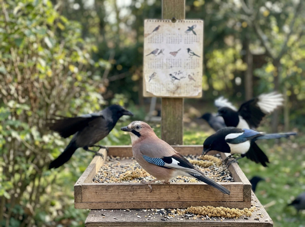 Multiple birds at a feeder with an Eurasian jay, indicating follow-up signs.