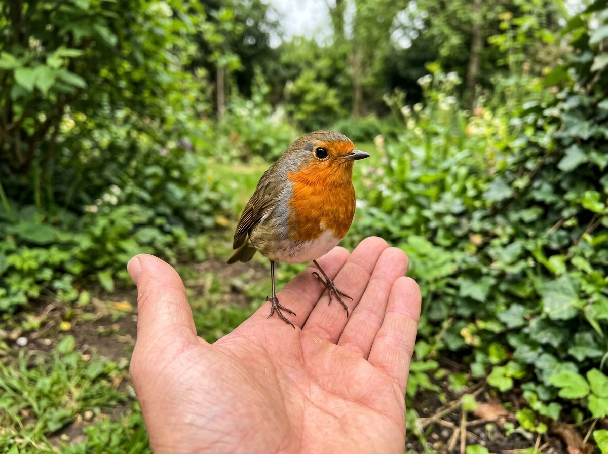 Robin landing on a person’s hand, creating a personal, rare encounter
