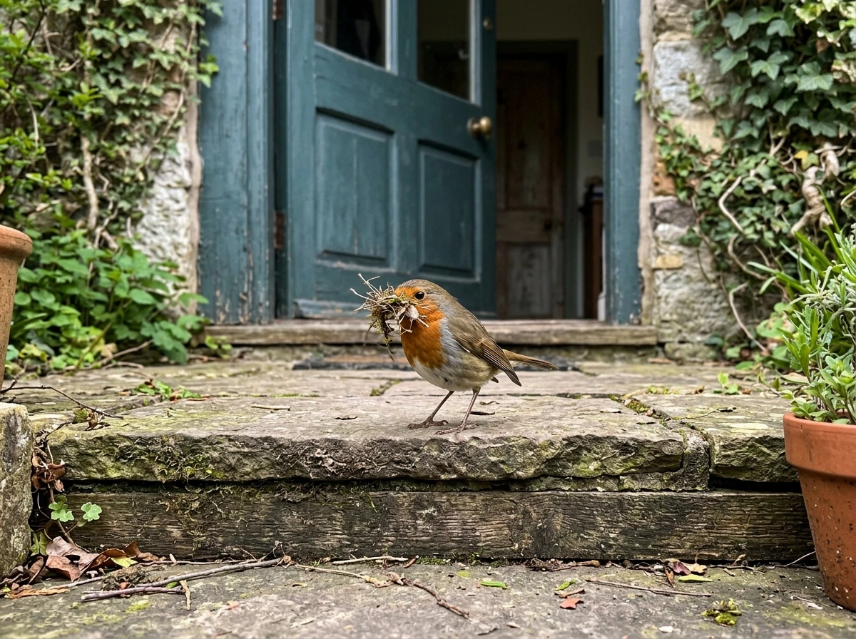Robin collecting nesting materials near a home doorway or shrub