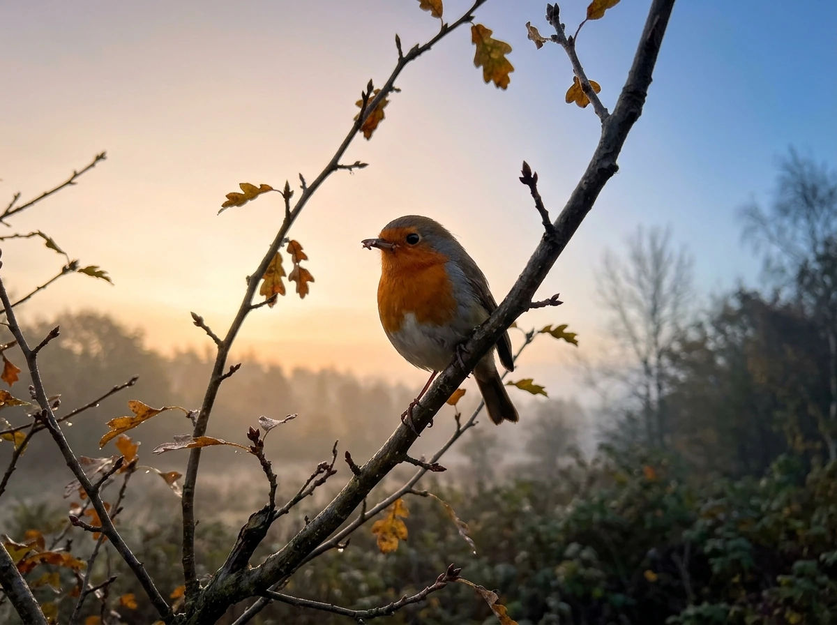 Robin singing on a branch at dawn, matching time-of-day symbolism