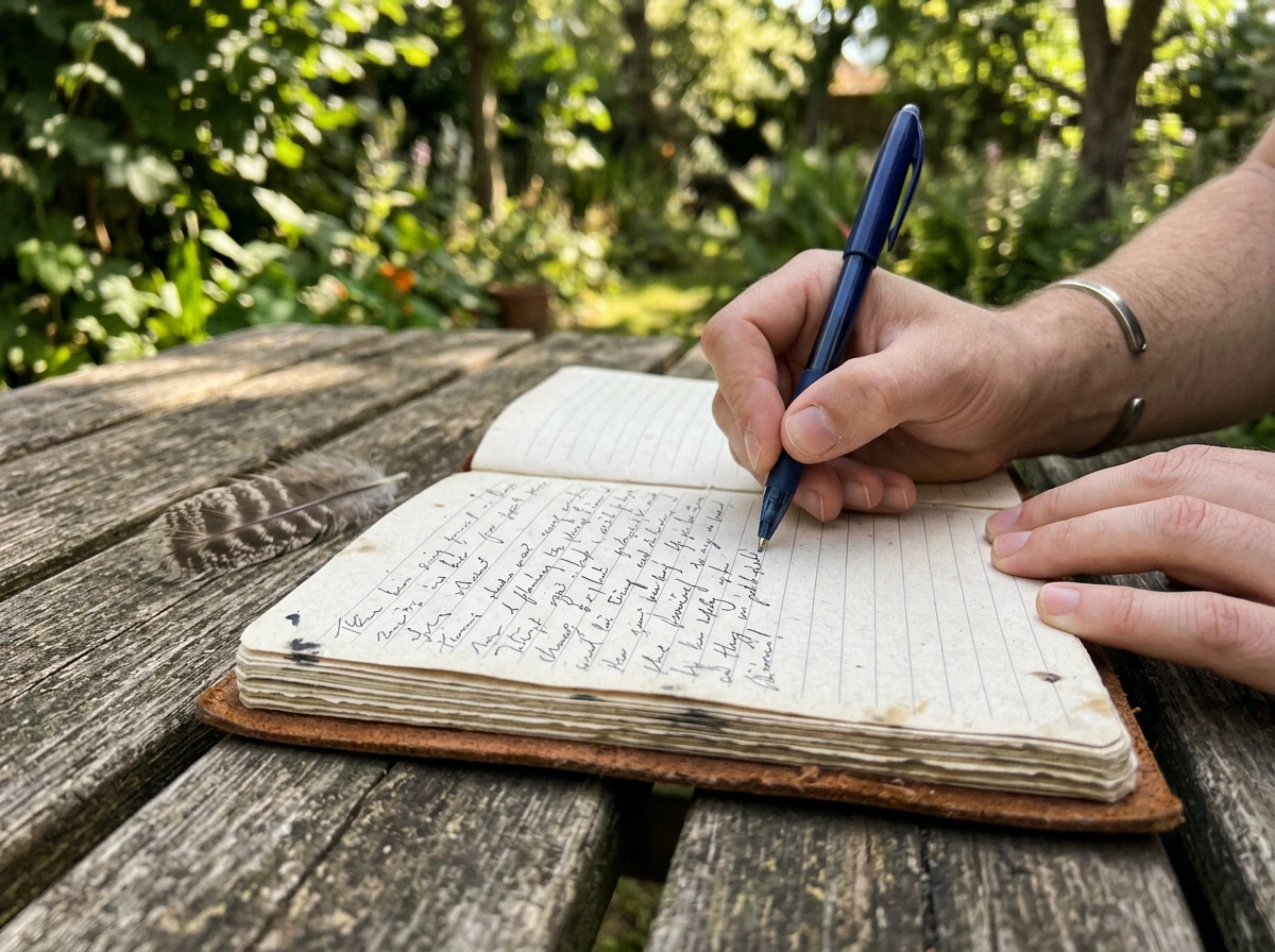 Handwriting a journal entry right after a robin encounter outdoors