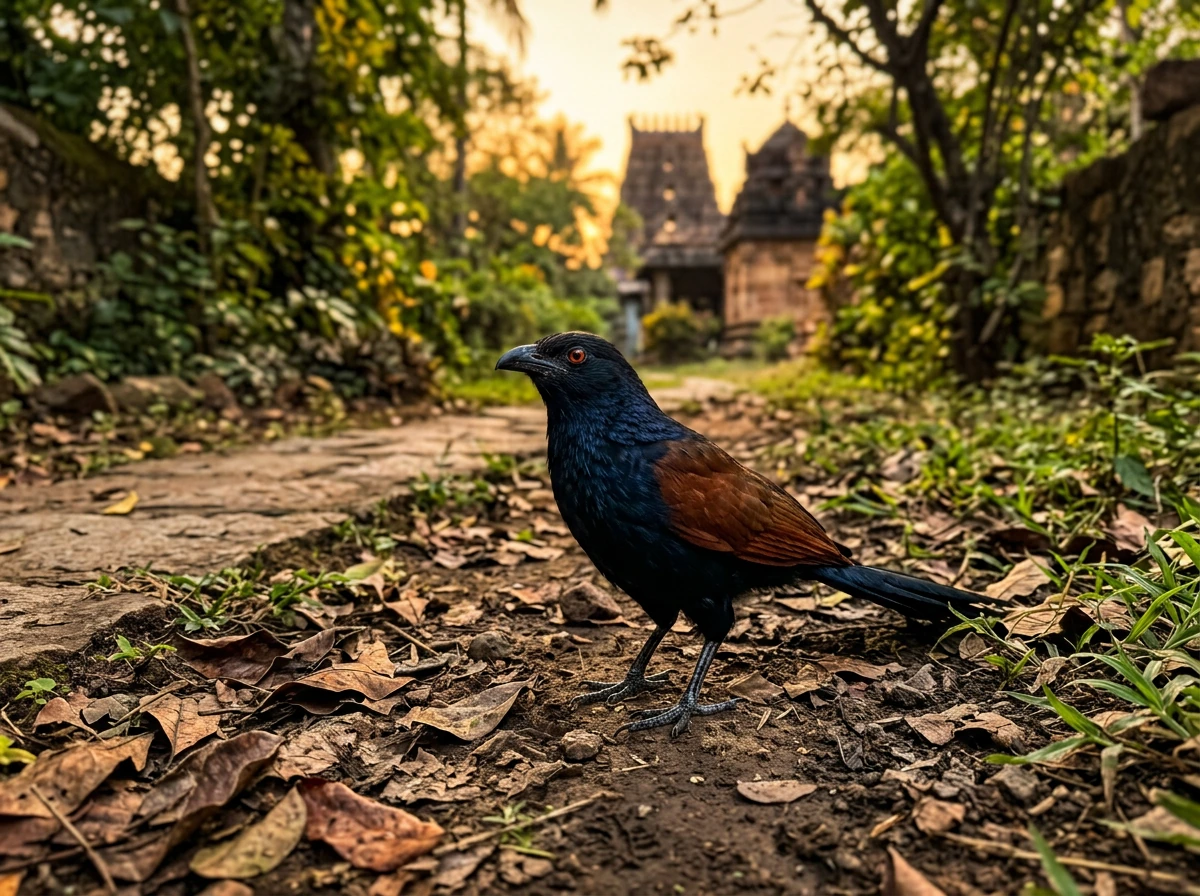 Greater coucal on the ground near a leafy path, hinting at an auspicious encounter
