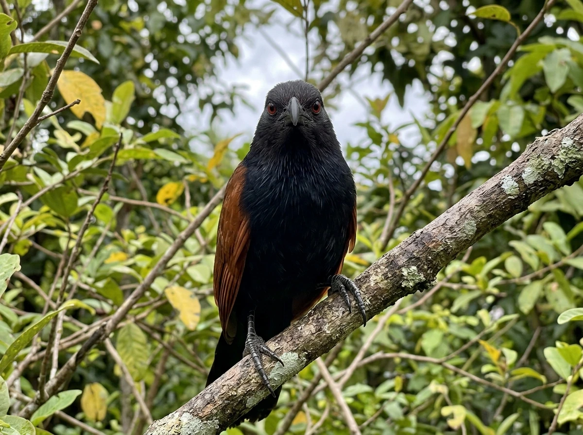 Greater coucal perched on a clear outdoor branch for a simple Bharadwaj sighting