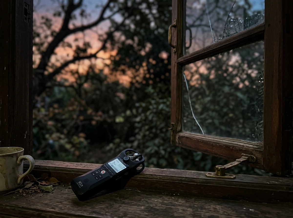 Handheld audio recorder near an open window with blurred bird-call source implied